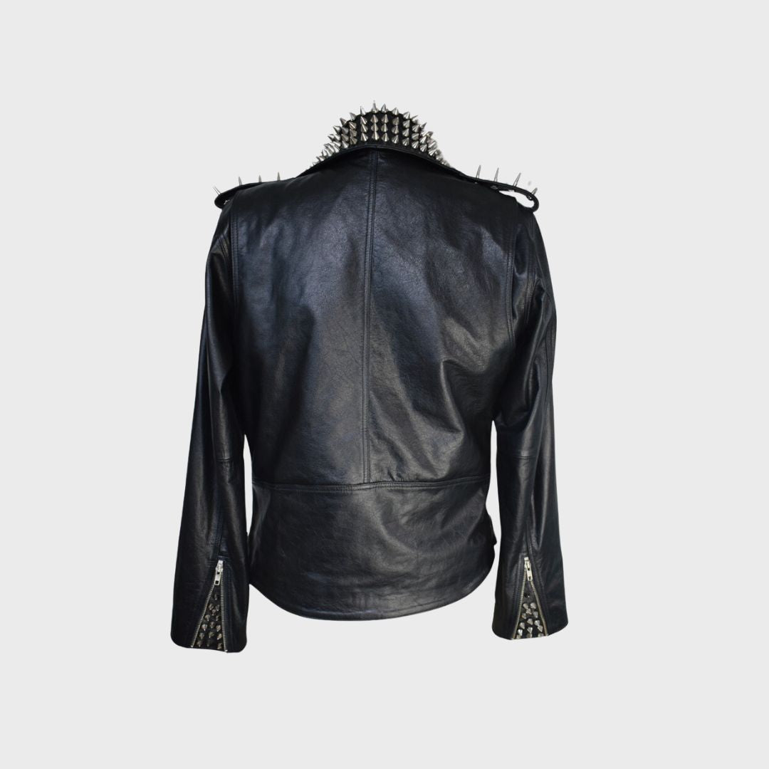 Back of 100% lambskin handcrafted silver studded black leather biker jacket for men. Features silver spikes, belt, zipper cuffs, notch collar, shoulder epaulettes