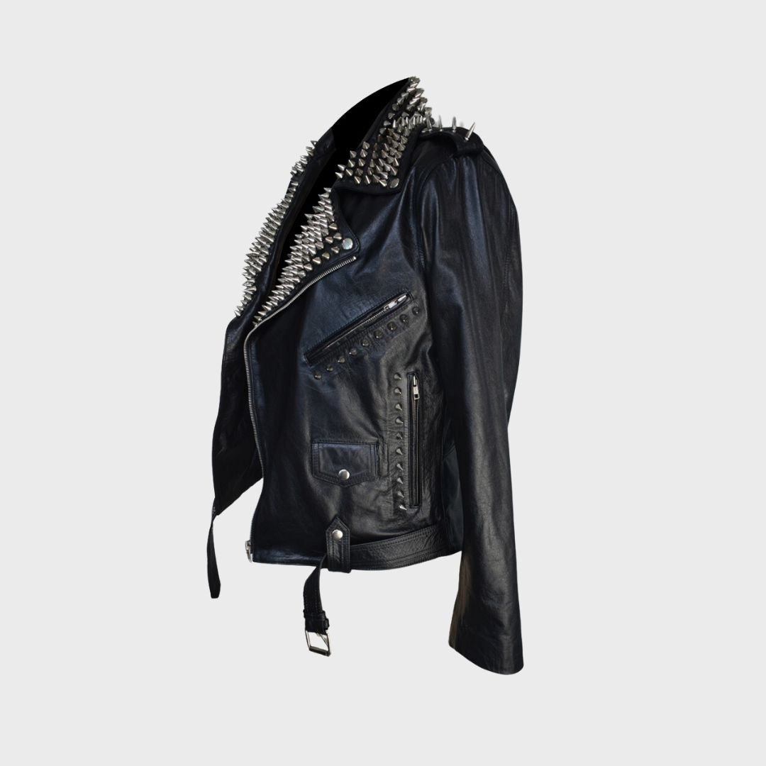 Left angle of 100% lambskin handcrafted silver studded black leather biker jacket for men. Features silver spikes, belt, zipper cuffs, notch collar, shoulder epaulettes