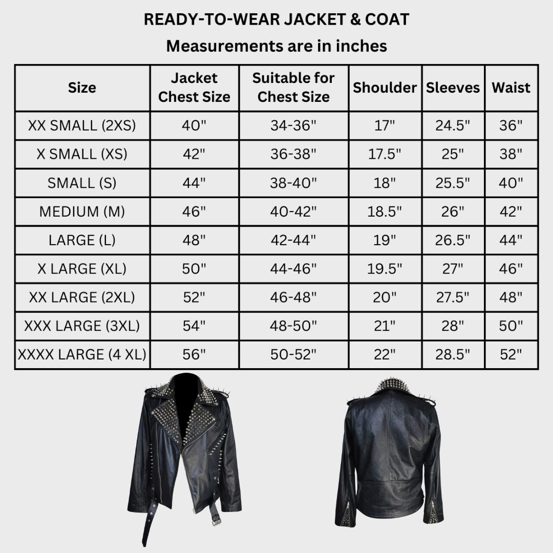 Size chart of 100% lambskin handcrafted silver studded black leather biker jacket for men. Features silver spikes, belt, zipper cuffs, notch collar, shoulder epaulettes