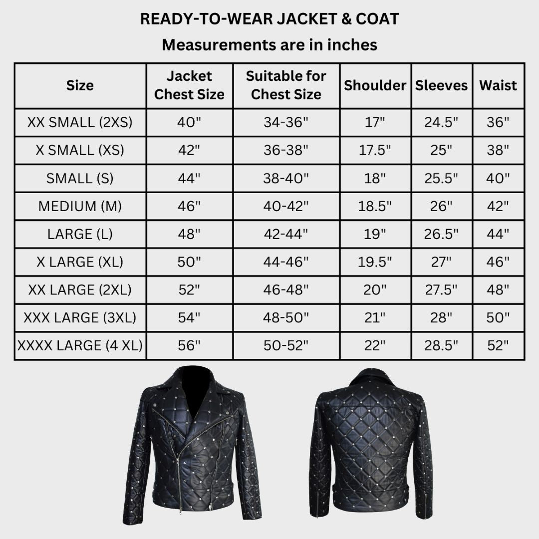 Size chart of real leather studded black biker jacket featuring notch collar, zipper fastening closure, zipper cuffs, silver metal studs and quilted lining