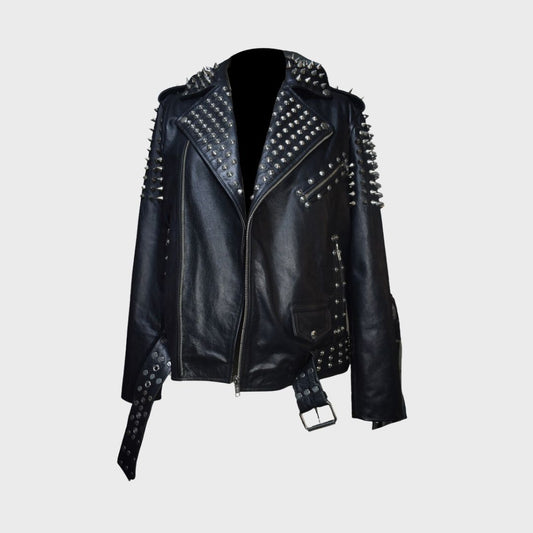 Front of black leather silver metal studs embellished biker jacket featuring notch collar, zipper pockets, zipper cuffs, shoulder epaulettes and belt.