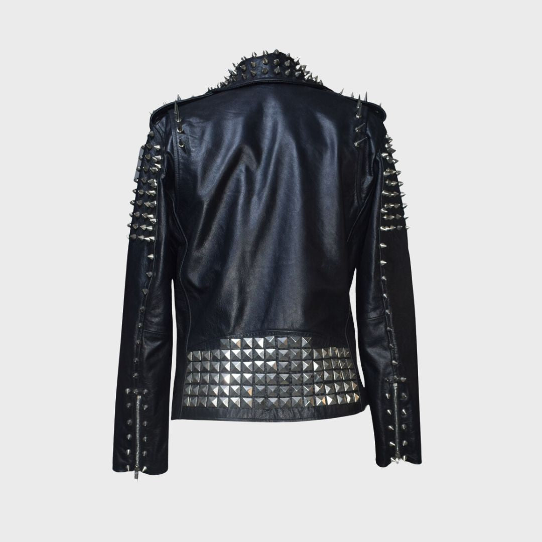 Back of black leather silver metal studs embellished biker jacket featuring notch collar, zipper pockets, zipper cuffs, shoulder epaulettes and belt.