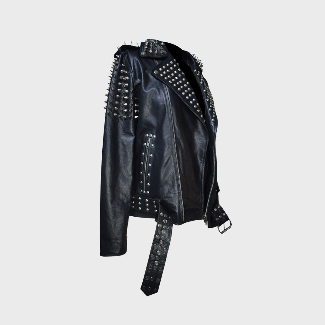 Right angle of black leather silver metal studs embellished biker jacket featuring notch collar, zipper pockets, zipper cuffs, shoulder epaulettes and belt.