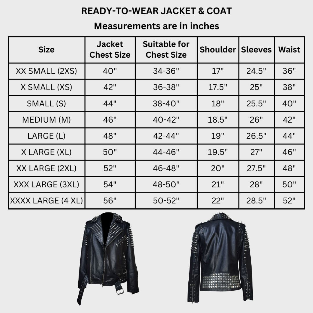 Size chart of black leather silver metal studs embellished biker jacket featuring notch collar, zipper pockets, zipper cuffs, shoulder epaulettes and belt.