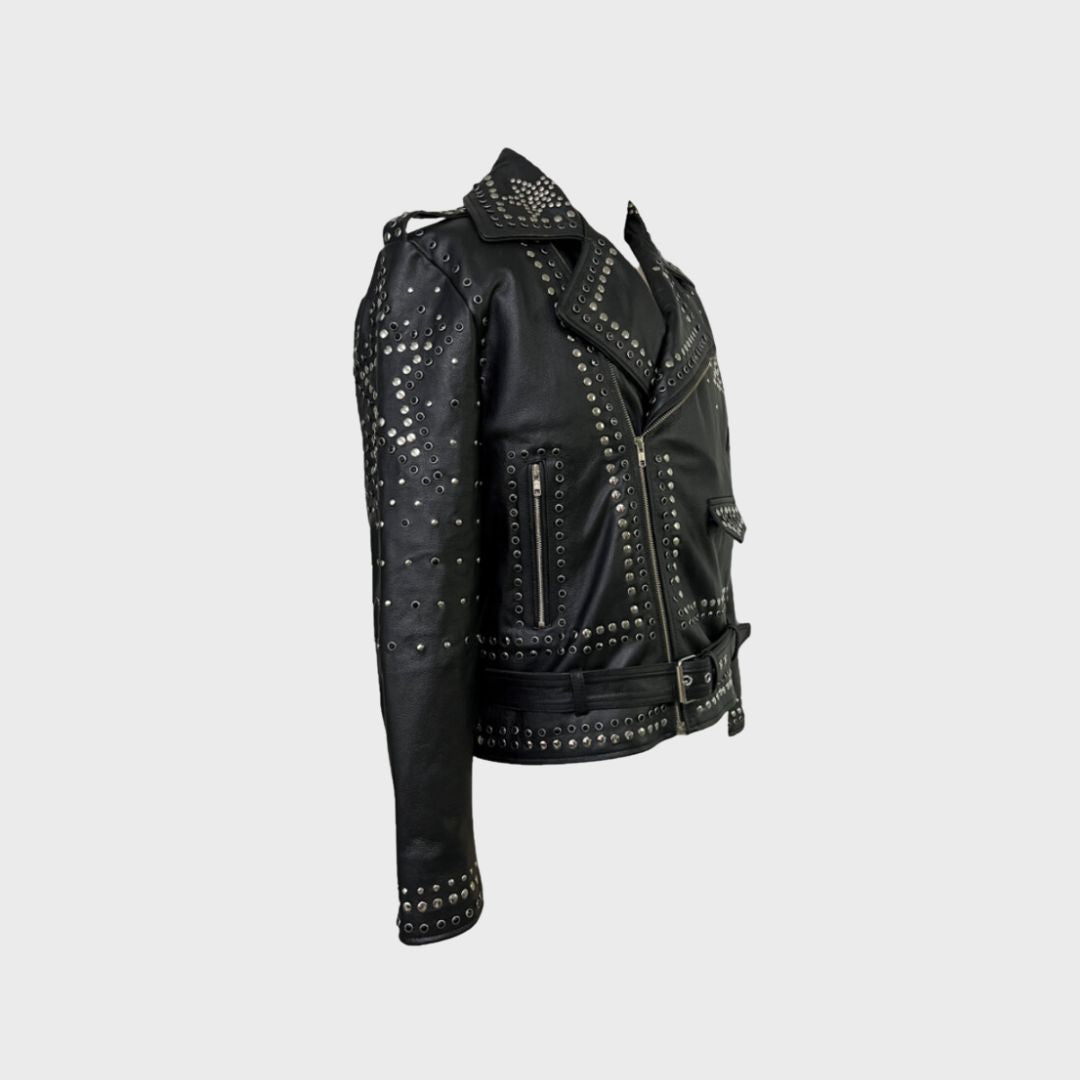 steampunk metal head silver studded biker jacket for men