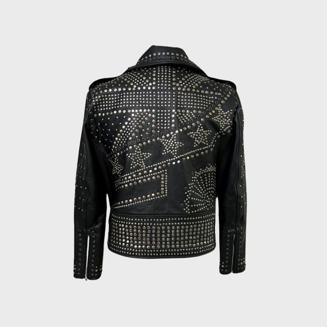 full back silver studded embellishment on black leather biker jacket 