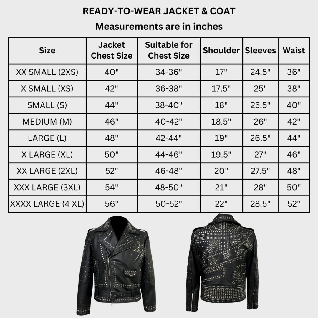 Size chart for silver studded biker jacket for men