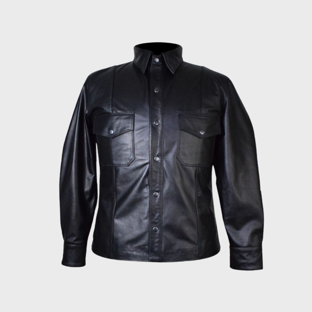 Men’s black leather trucker jacket crafted from lambskin with buttoned sleeves.