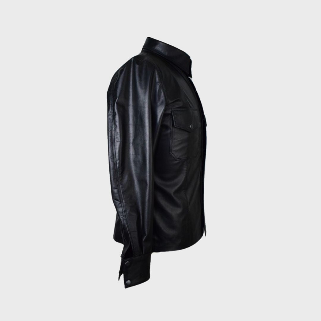 Lambskin black leather trucker jacket with flap pockets and shirt collar.