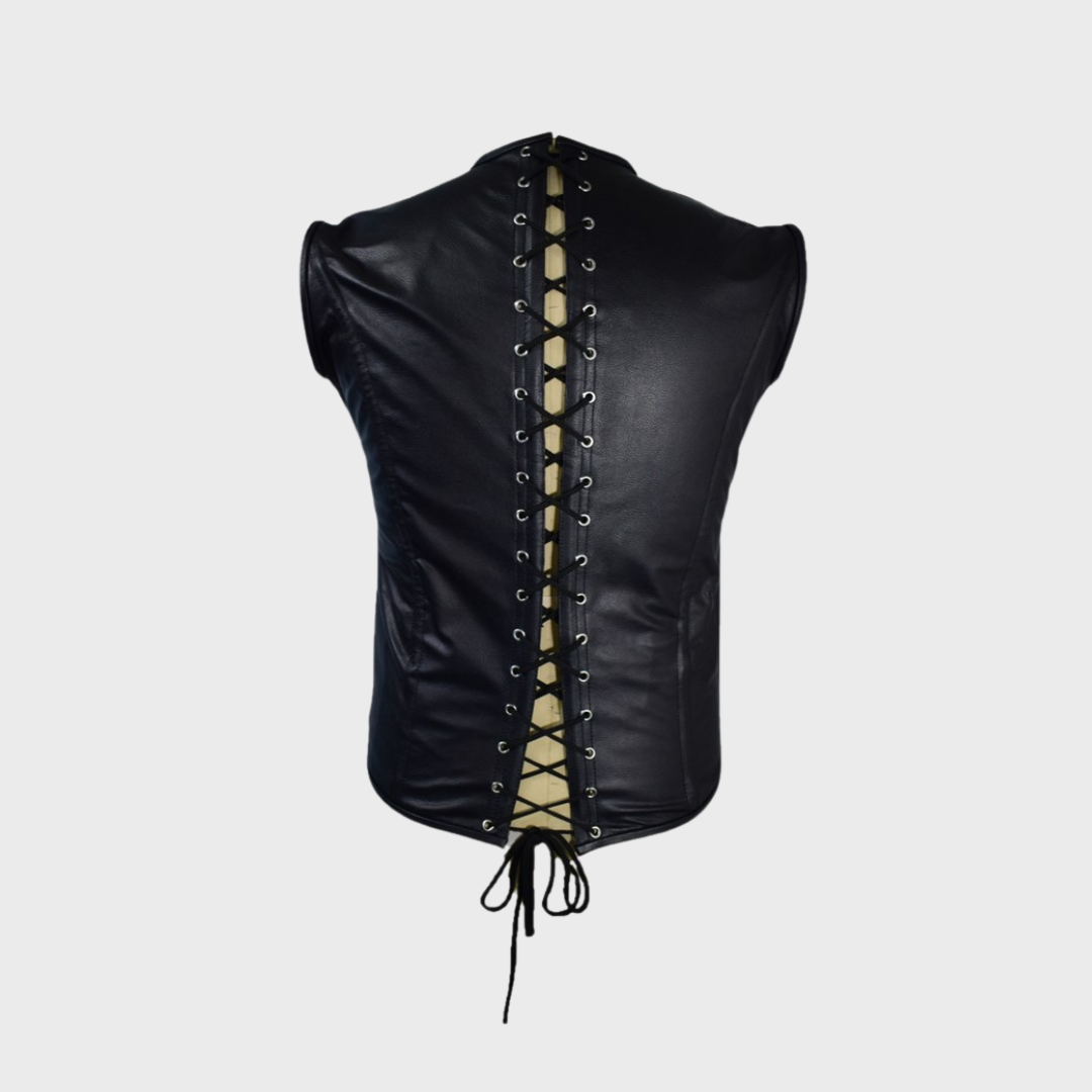 Back lacing through eyelets on a black leather biker corset vest