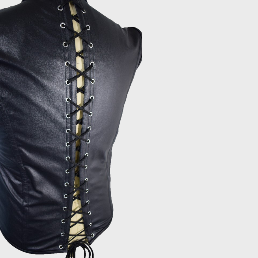 Back lacing on a black leather corset vest for bike adventures