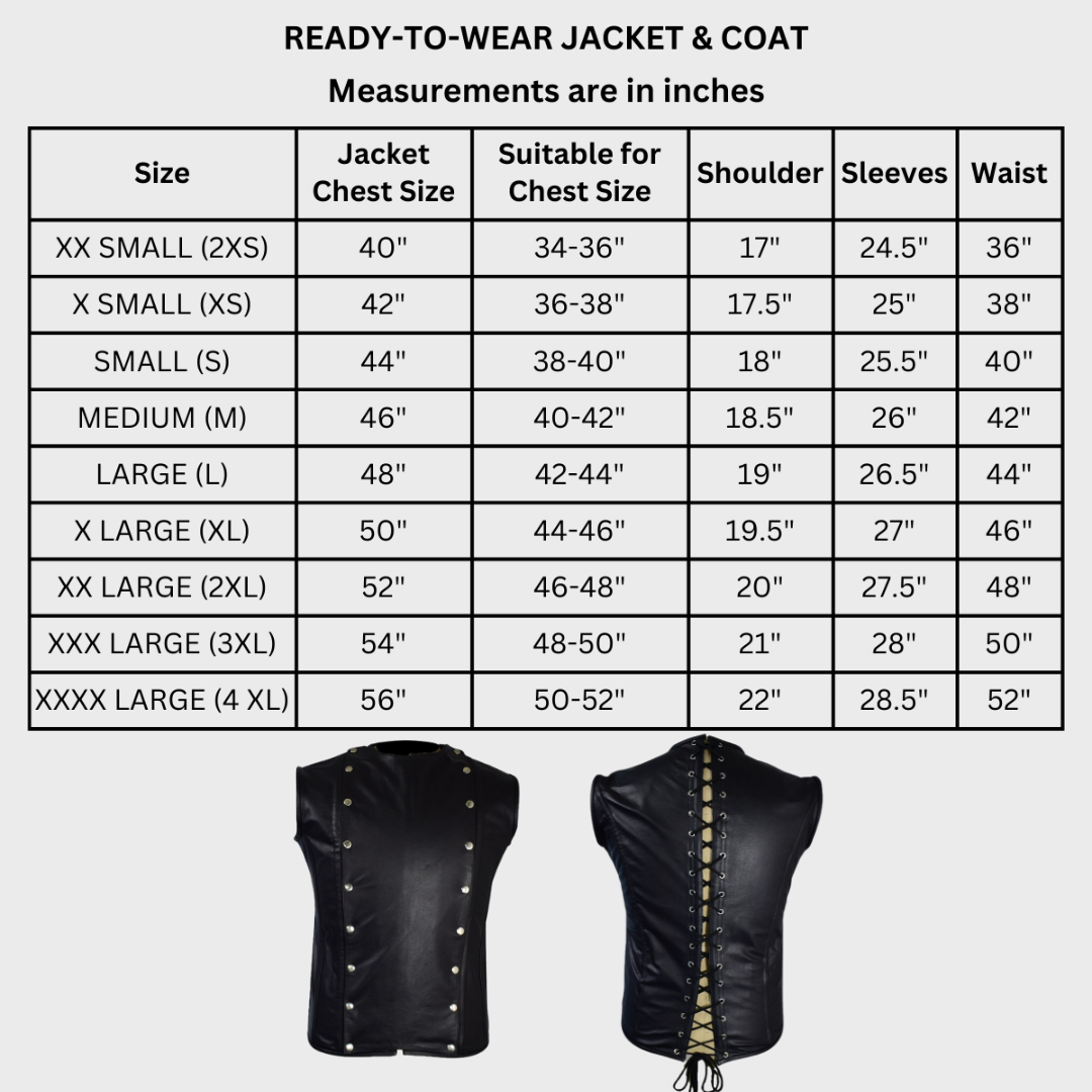 Size chart of a black leather buttery soft corset vest for men for LARP adventures