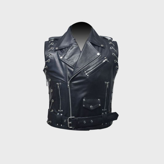 Front of black leather biker vest with notch collar, zipper pockets, snap button pocket and steel chains