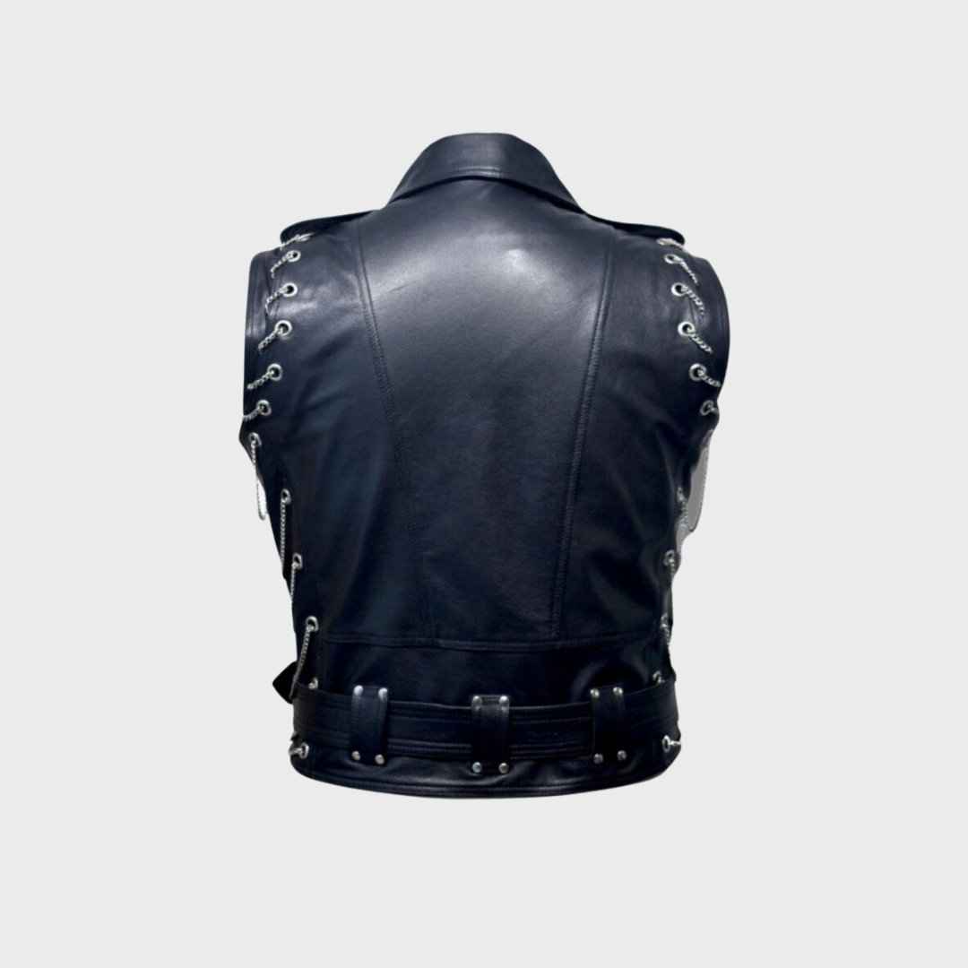 Back of black leather biker vest with notch collar, zipper pockets, snap button pocket and steel chains