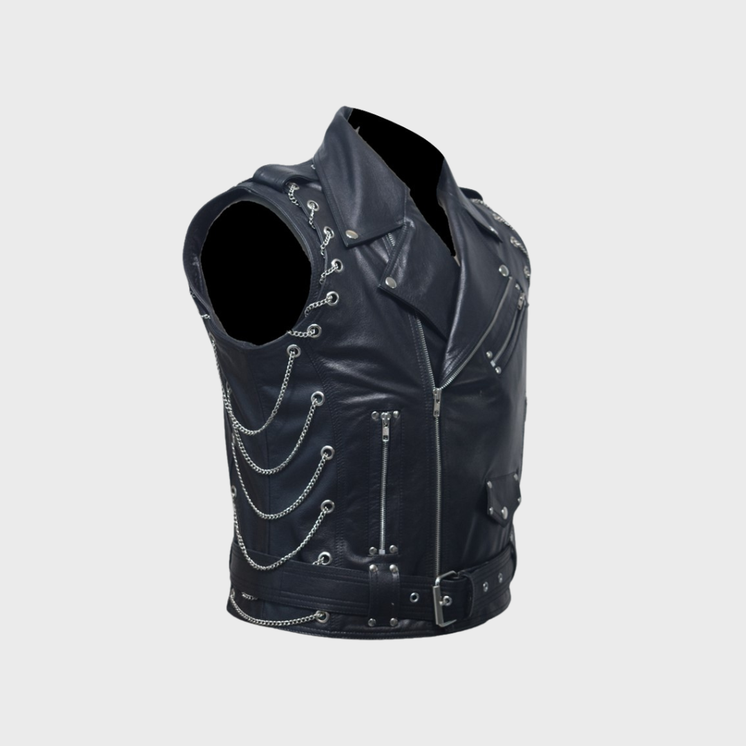 Steel chains through eyelets in black leather vest for bikers