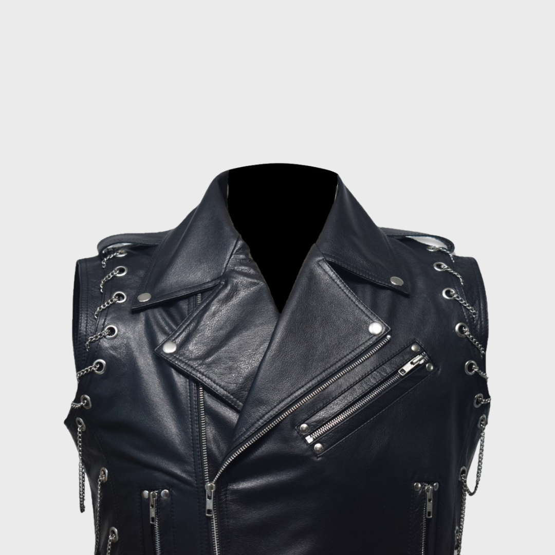 Leather vest in black color featuring notch collar, zipper fastening closure, zipper pockets, steel chains