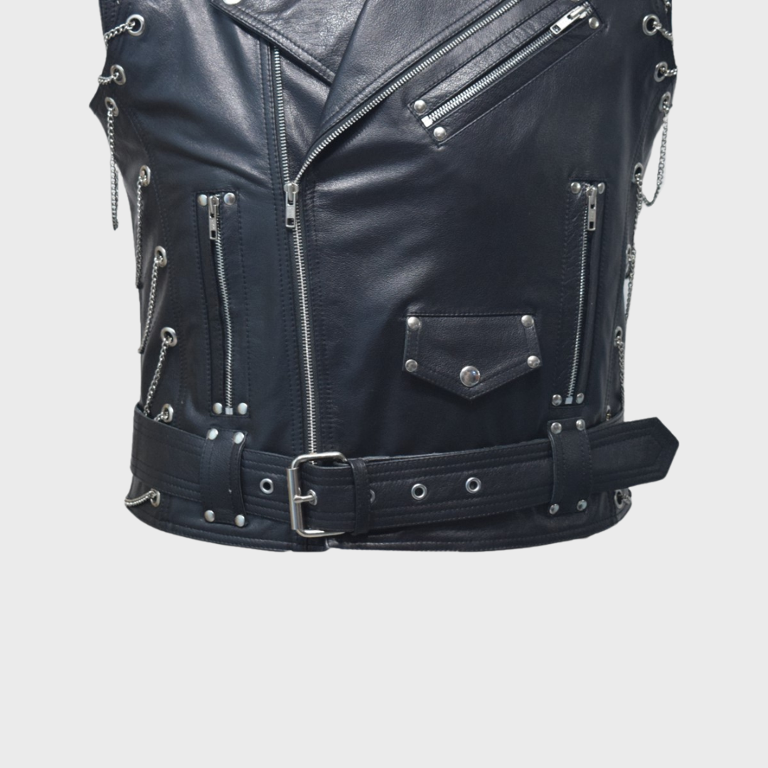 Leather vest featuring a waist belt, zipper pockets, steel chains, snap button pockets