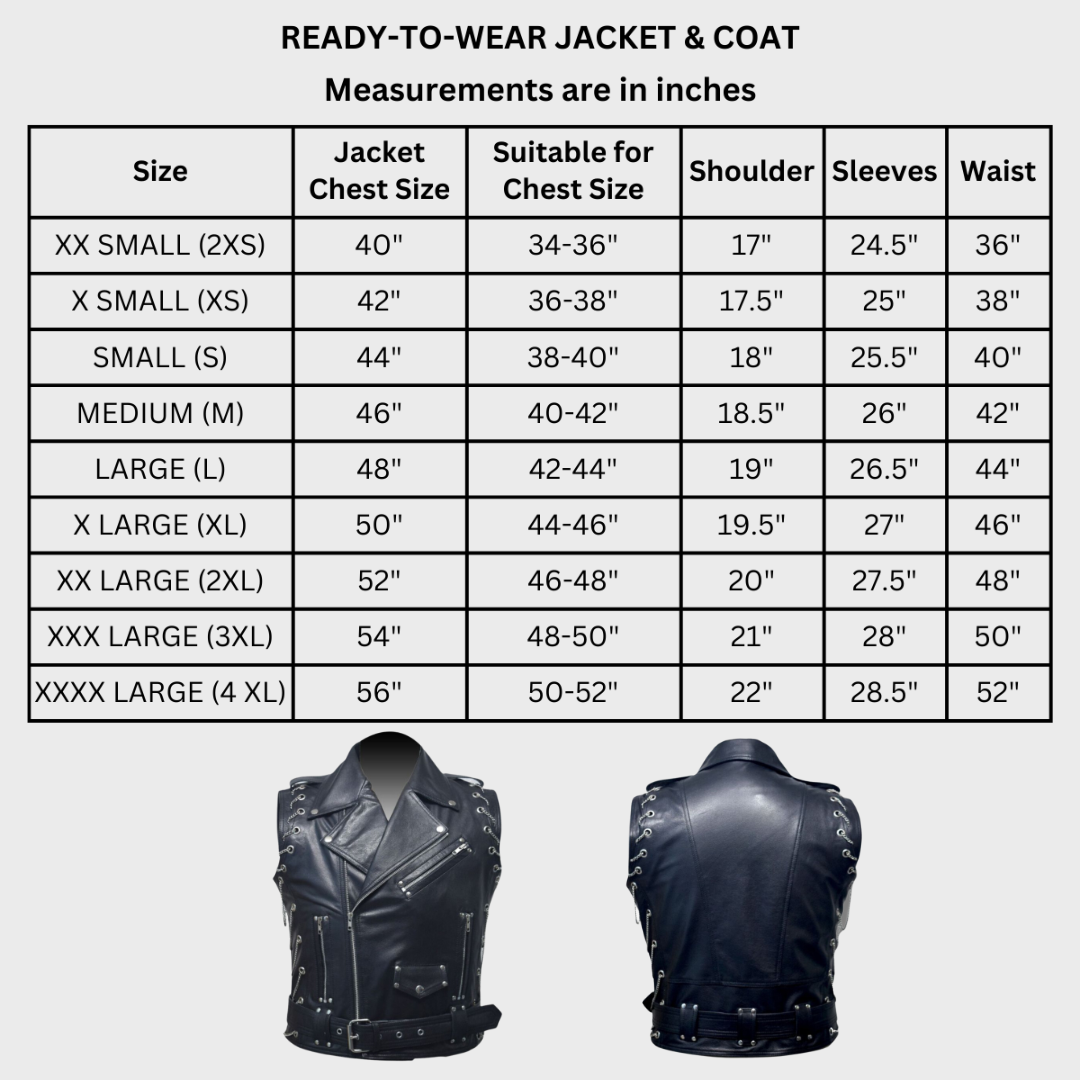 Size chart of black leather biker vest with notch collar, zipper pockets, snap button pocket and steel chains