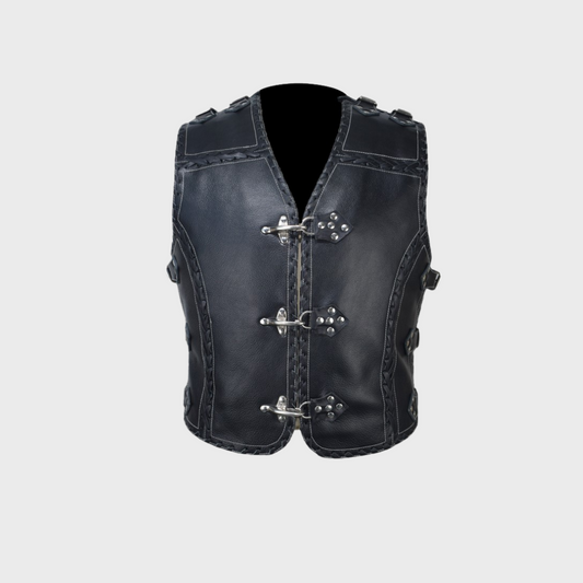 Front of thick cowhide black leather Biker Vest with adjustable buckles, hand braided edges, v-neck