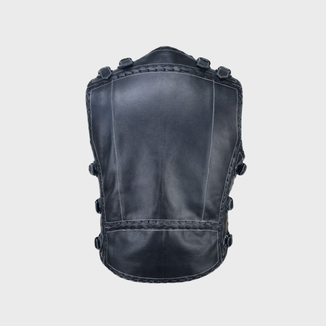 Back of thick cowhide black leather Biker Vest with adjustable buckles, hand braided edges, v-neck