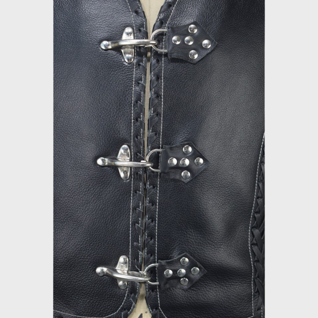 Metal buckle closure on thick cowhide black leather Biker Vest with adjustable buckles, hand braided edges, v-neck 