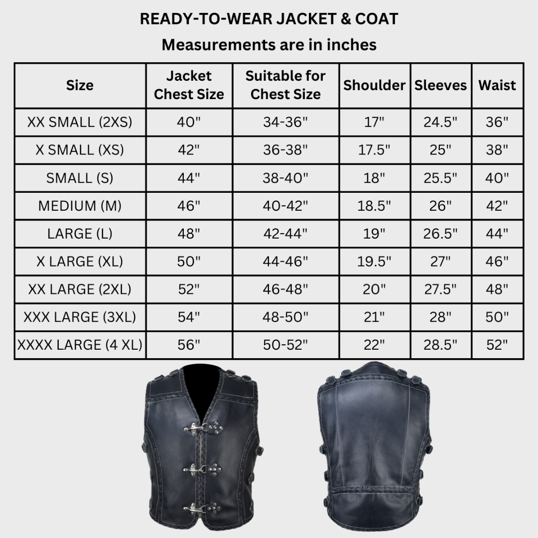 Size chart of thick cowhide black leather Biker Vest with adjustable buckles, hand braided edges, v-neck