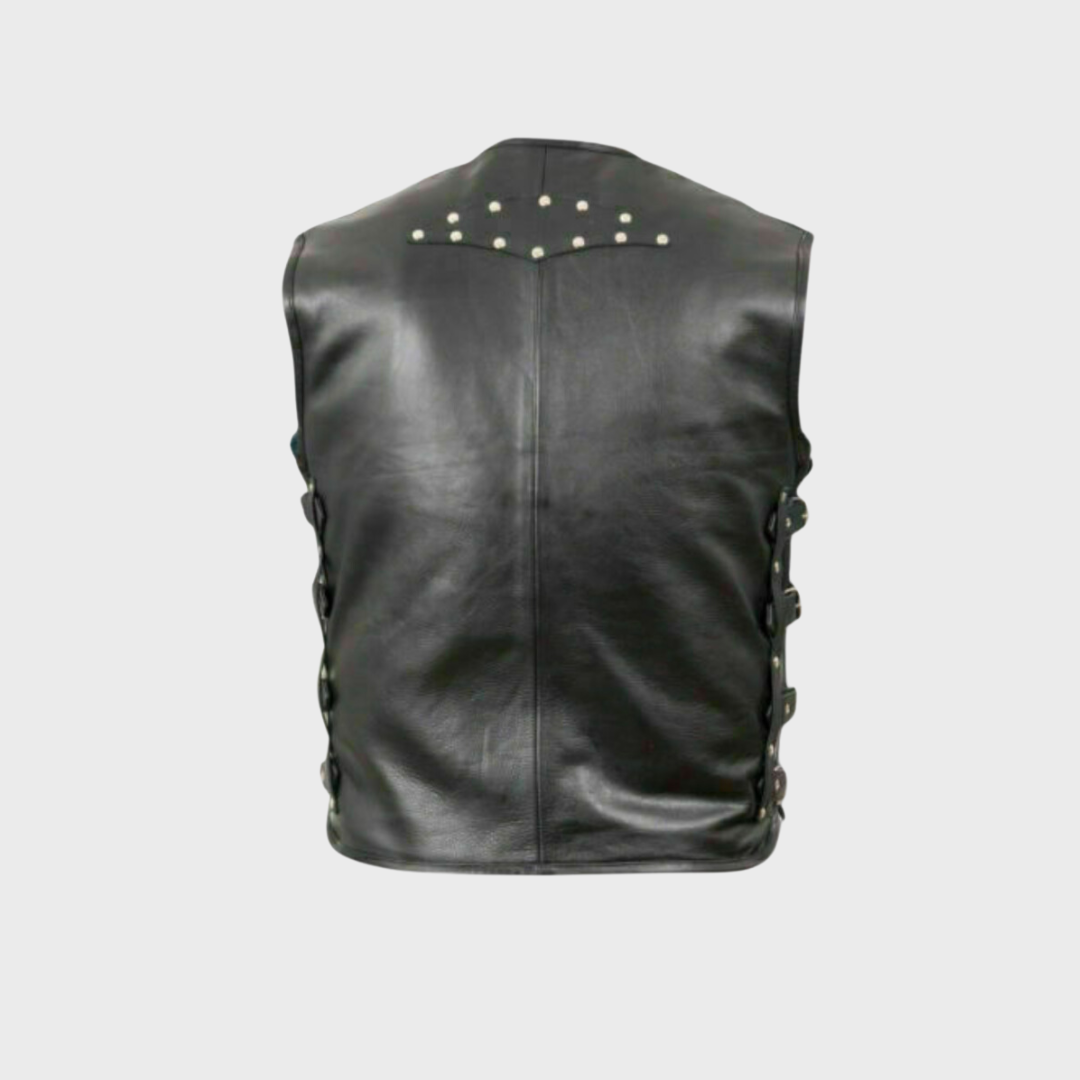 Back of thick cowhide heavy duty biker vest featuring zipper pockets, adjustable belt, buckle closure and silver studs at the back