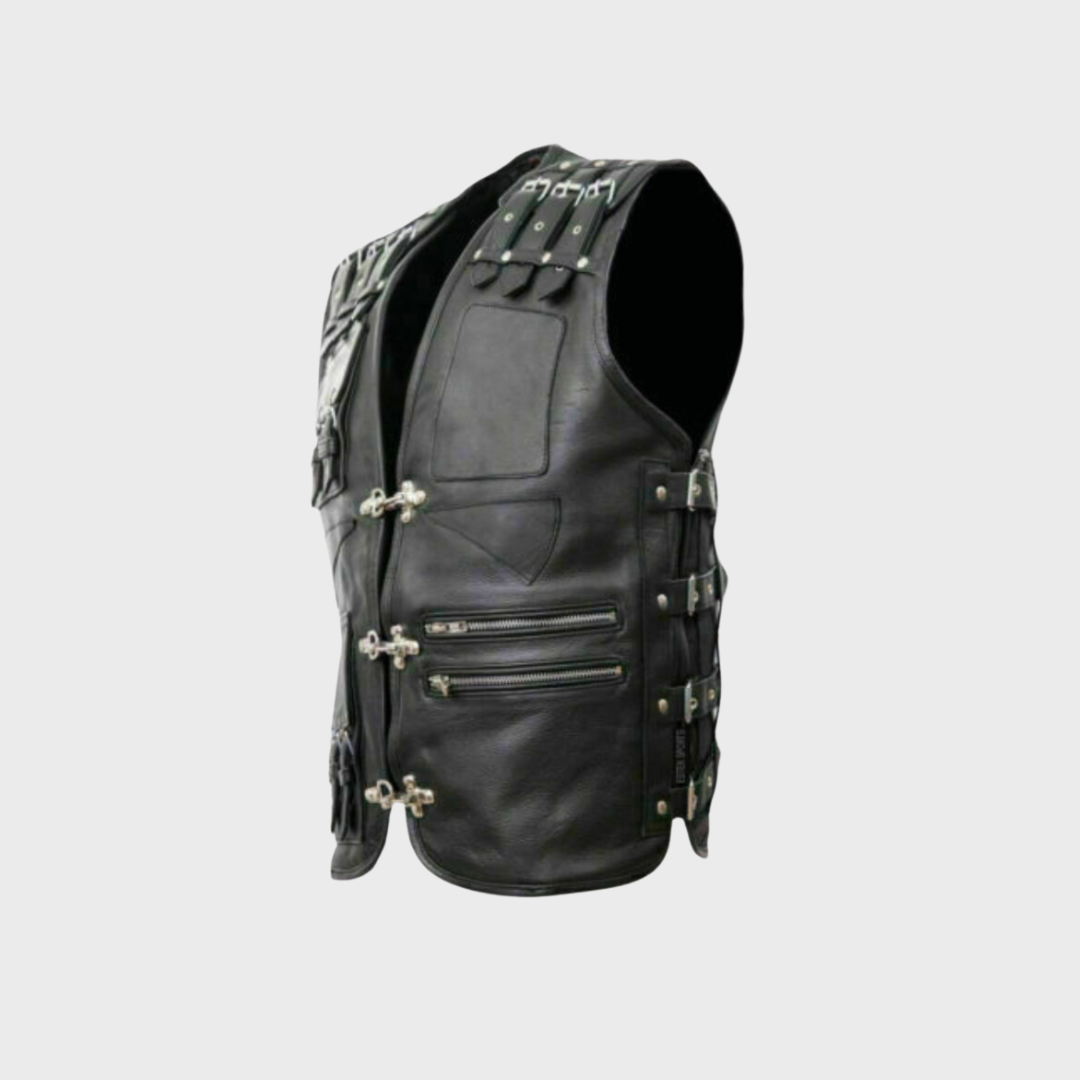 Right side of thick cowhide heavy duty biker vest featuring zipper pockets, adjustable belt, buckle closure and silver studs at the back