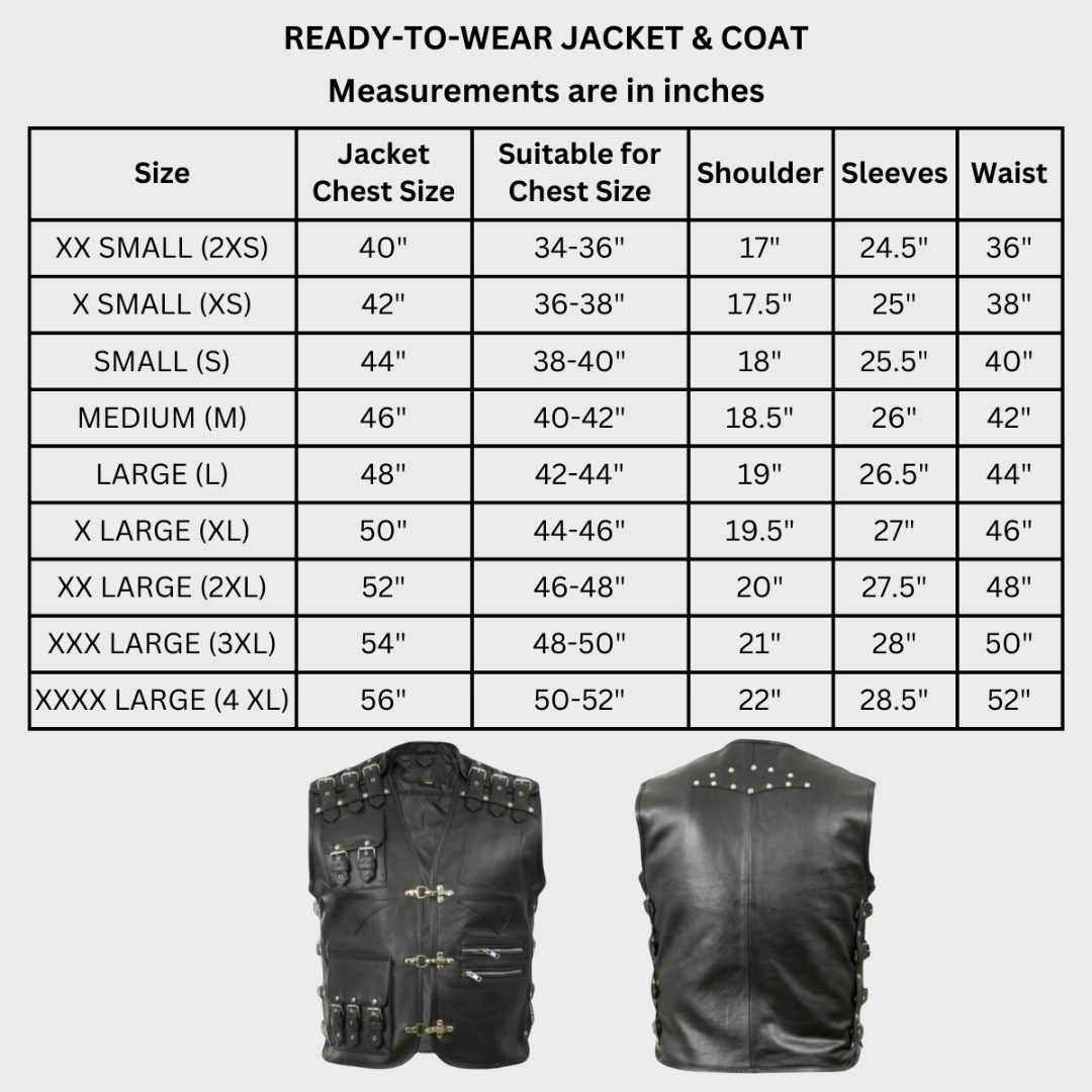 Size chart of thick cowhide heavy duty biker vest featuring zipper pockets, adjustable belt, buckle closure and silver studs at the back