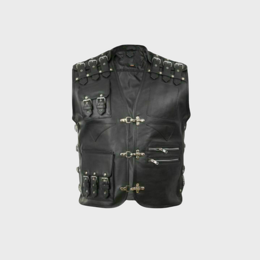 Front look of thick cowhide heavy duty biker vest featuring zipper pockets, adjustable belt, buckle closure and silver studs at the back