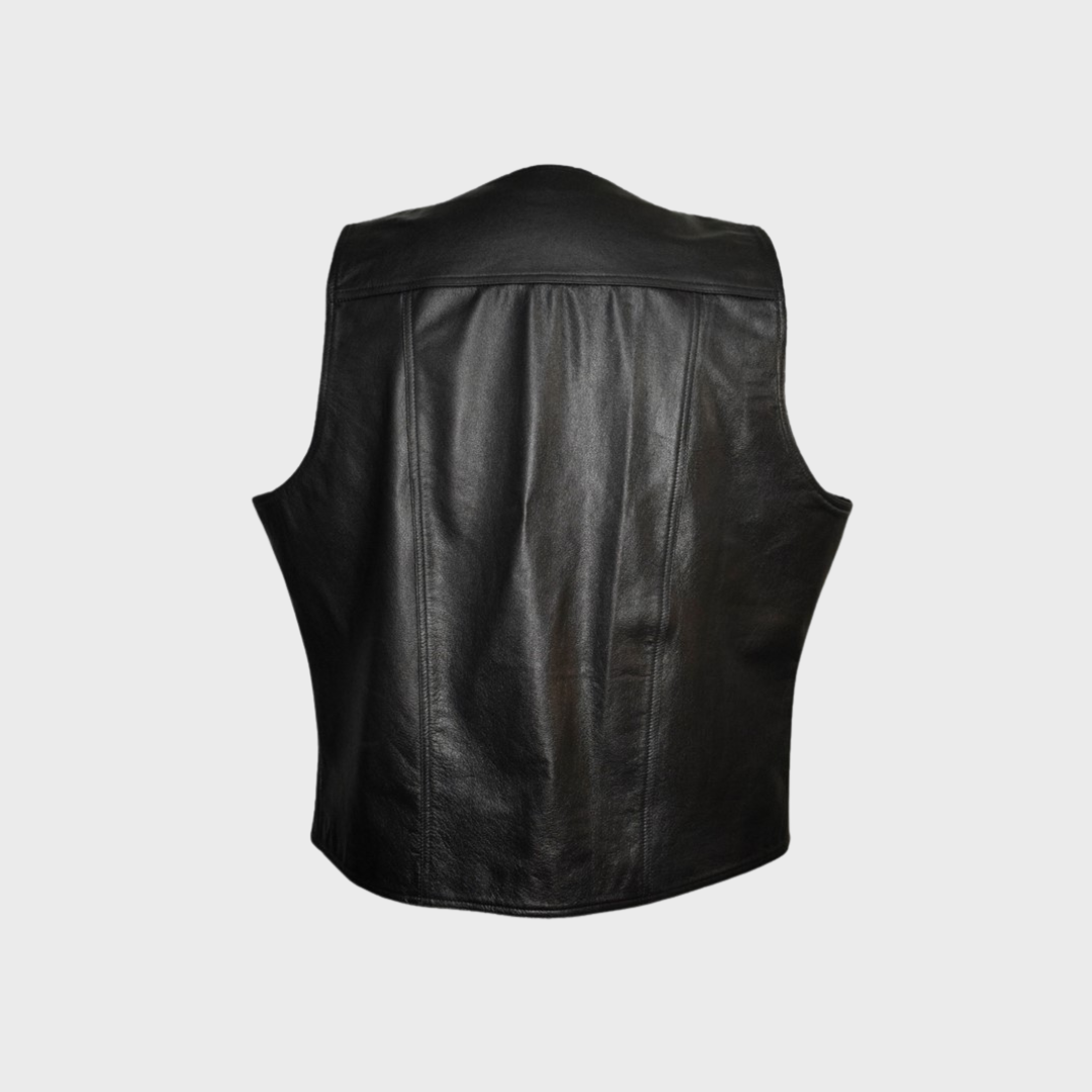 Back of men's black leather slim fit, collarless biker vest handcrafted with lambskin