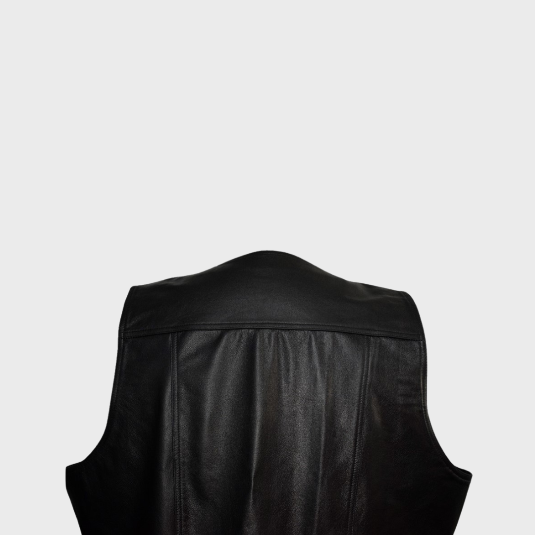 Shoulder of men's black leather slim fit, collarless biker vest handcrafted with lambskin