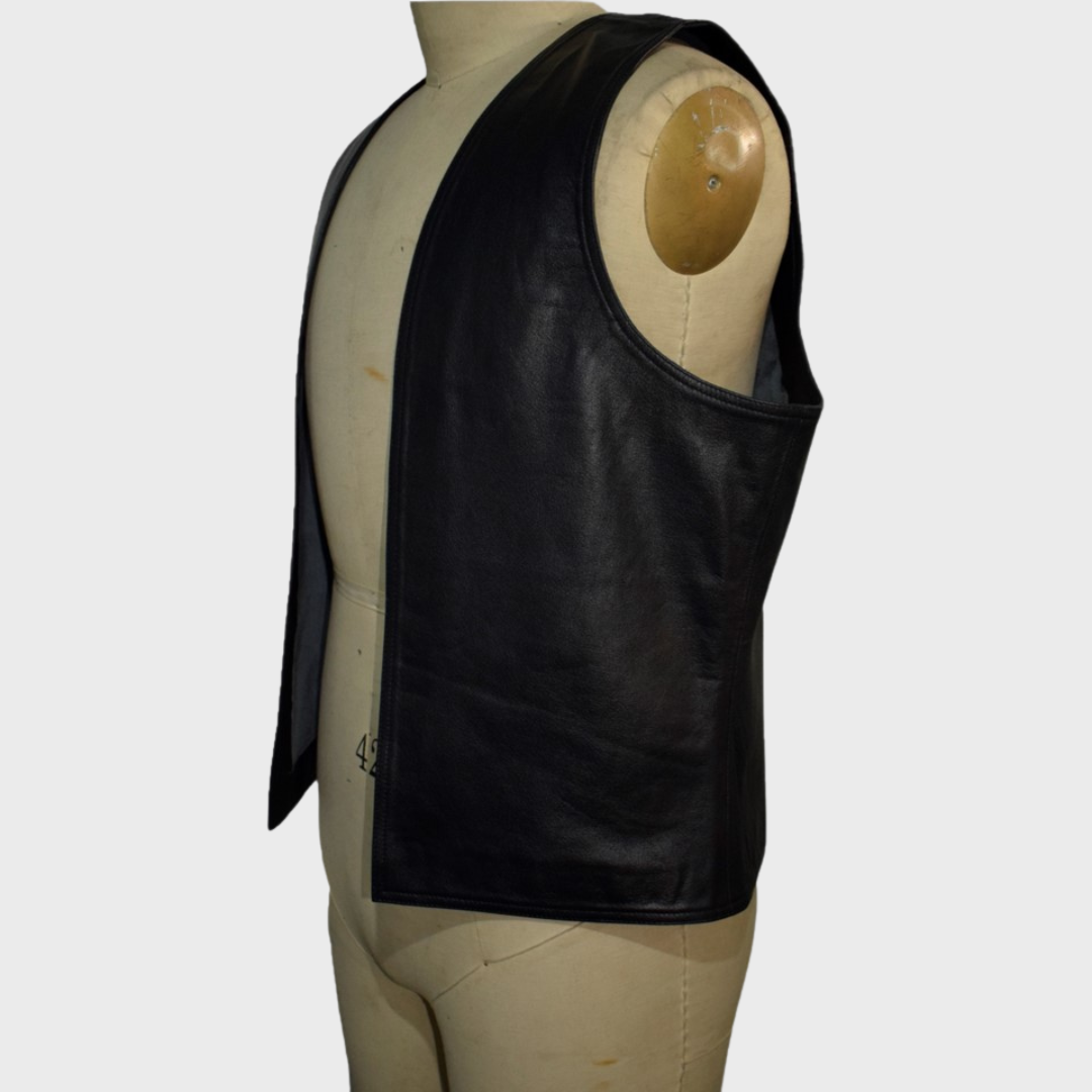 Mannequin wearing men's black leather slim fit, collarless biker vest handcrafted with lambskin