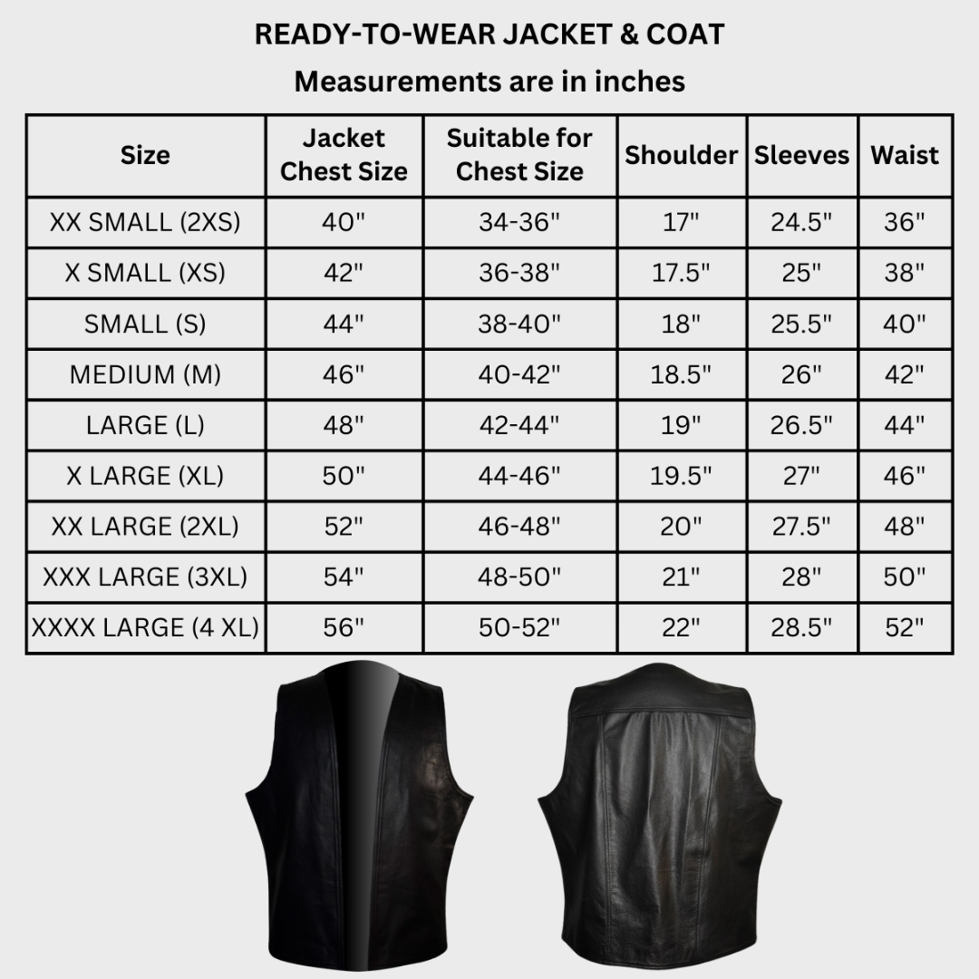 Size chart of men's black leather slim fit, collarless biker vest handcrafted with lambskin