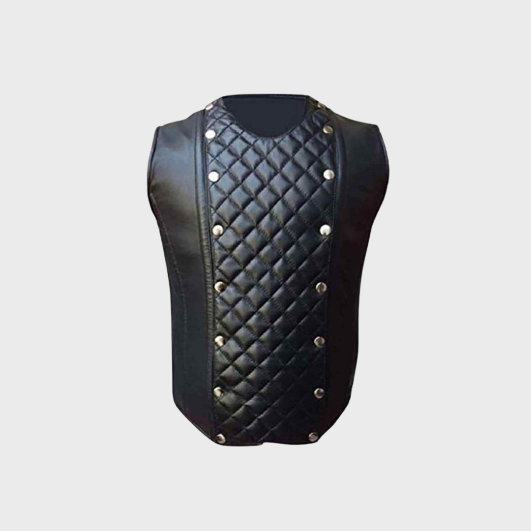 Mens black leather quilted biker corset vest featuring zipper fastening closure, removable quilted leather piece and round collar