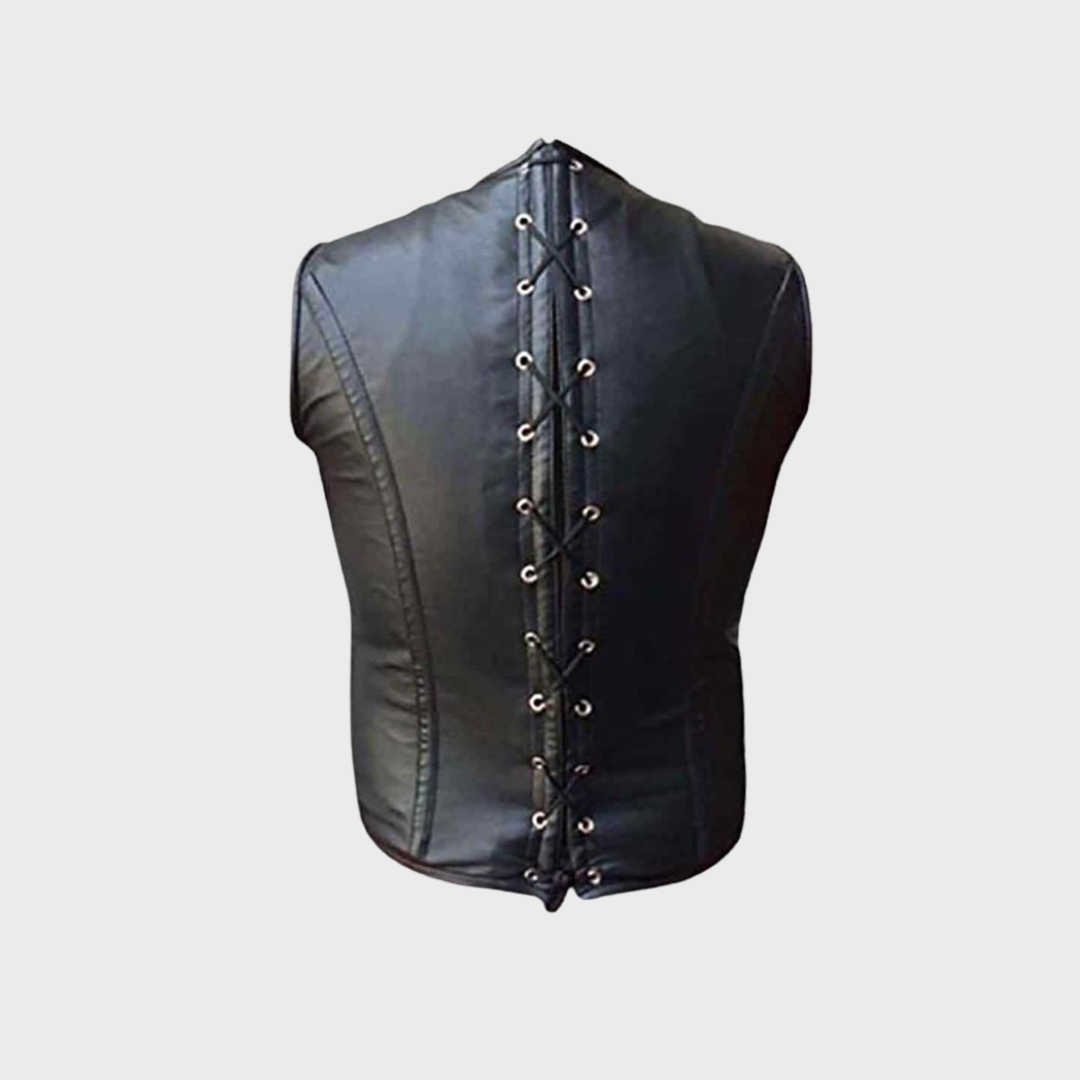 Mens black leather steel boning biker corset vest featuring zipper fastening closure, removable quilted leather piece and round collar