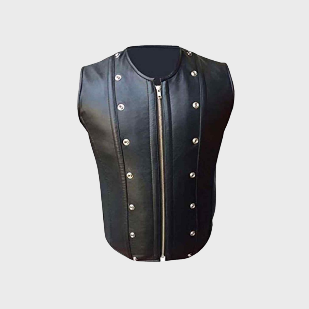 Mens black leather zipper fastening biker corset vest featuring removable quilted leather piece and round collar