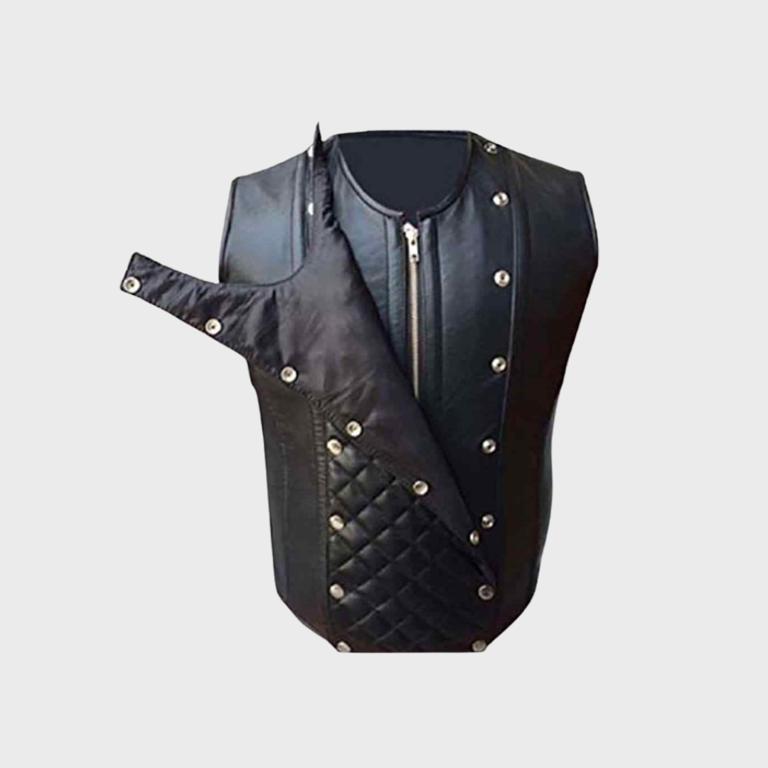 Front of Men's black leather quilted biker corset vest featuring zipper fastening closure, removable quilted leather piece and round collar