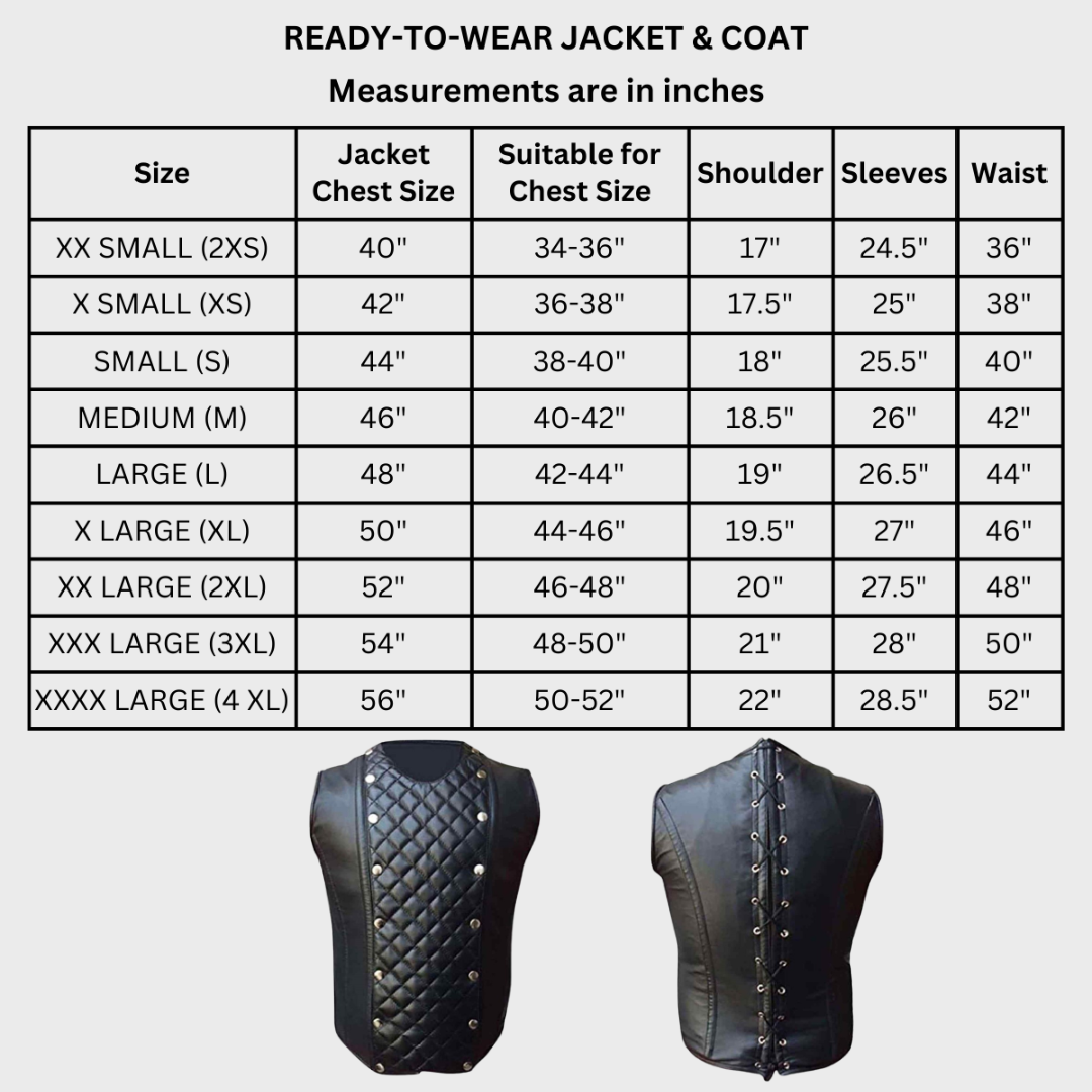 Size chart of mens black leather quilted biker corset vest featuring zipper fastening closure, removable quilted leather piece and round collar