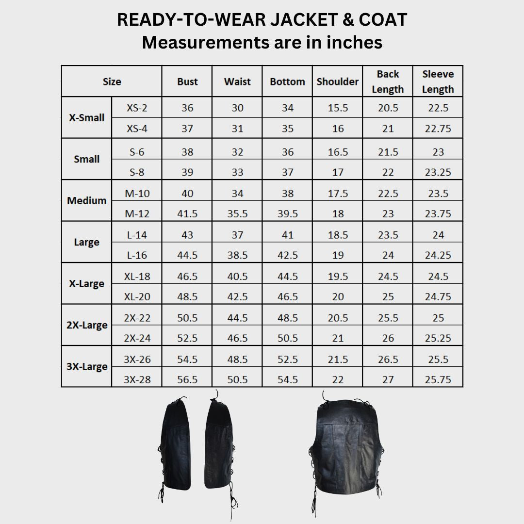 Size chart of leather vest for men