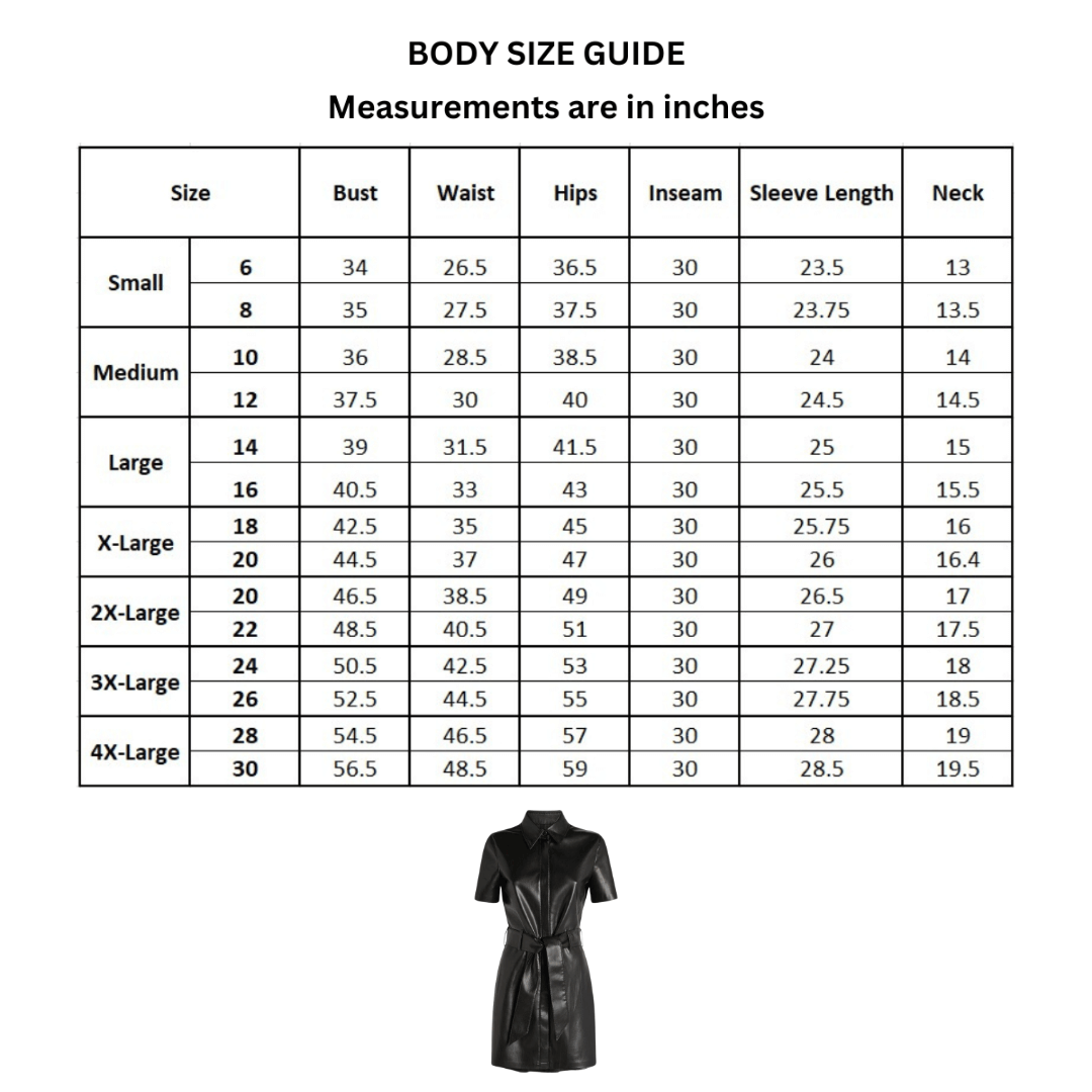 size chart for black leather mini dress