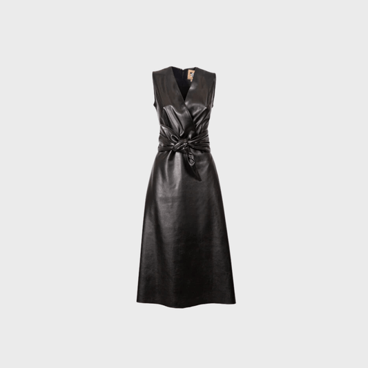 V-neck belted lambskin midi dress