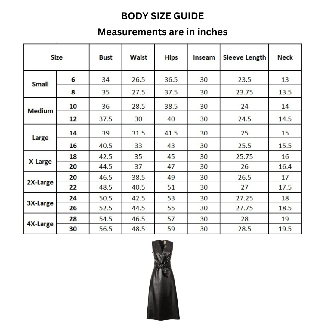 size chart for a belted leather midi dress women