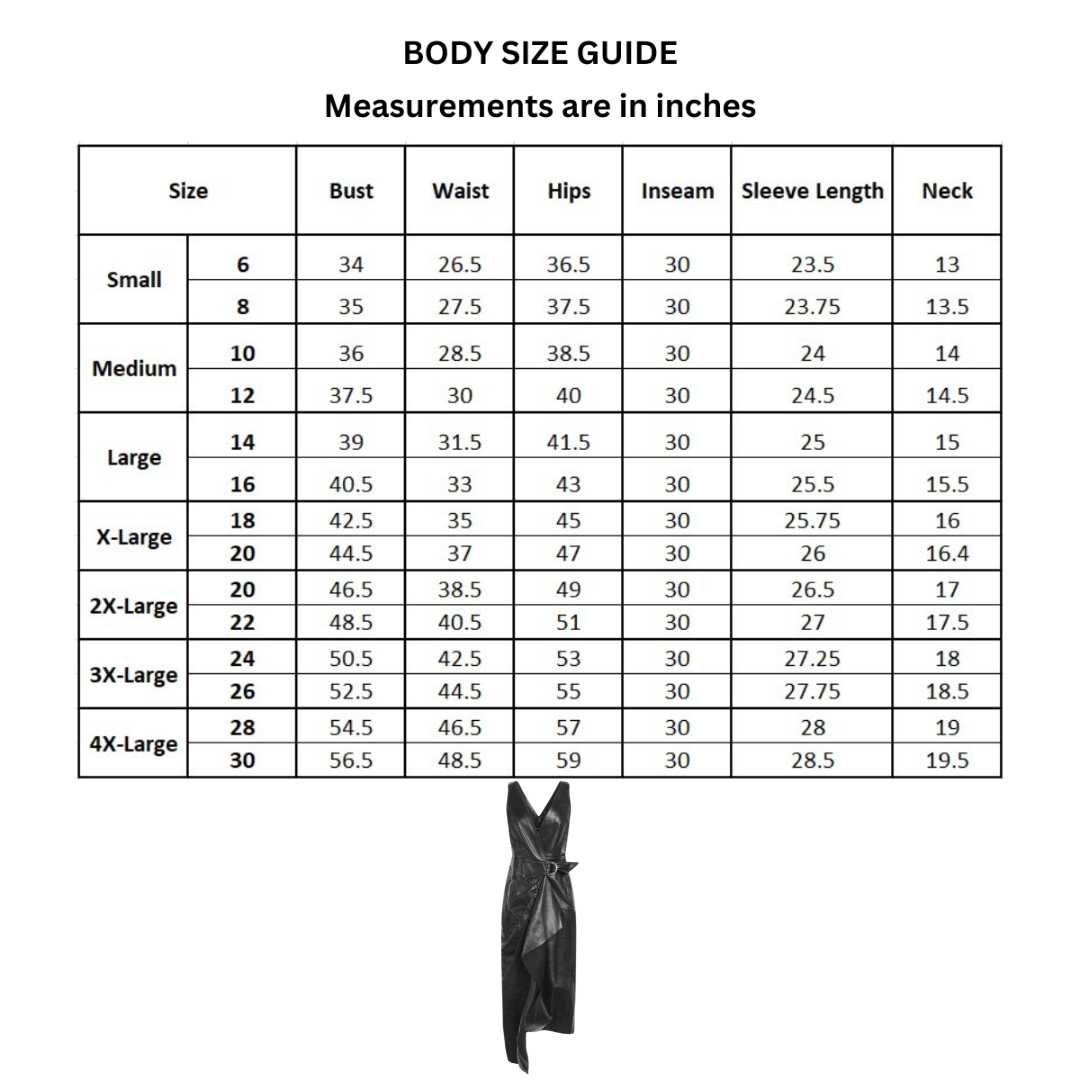 size chart for designer leather dress