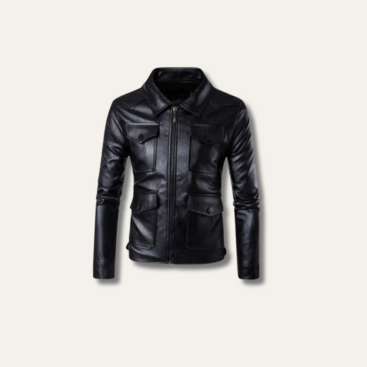 Black Leather Trucker Jacket  - Ninetino