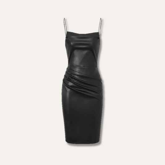 Sleek black leather cocktail dress with a sleeveless design