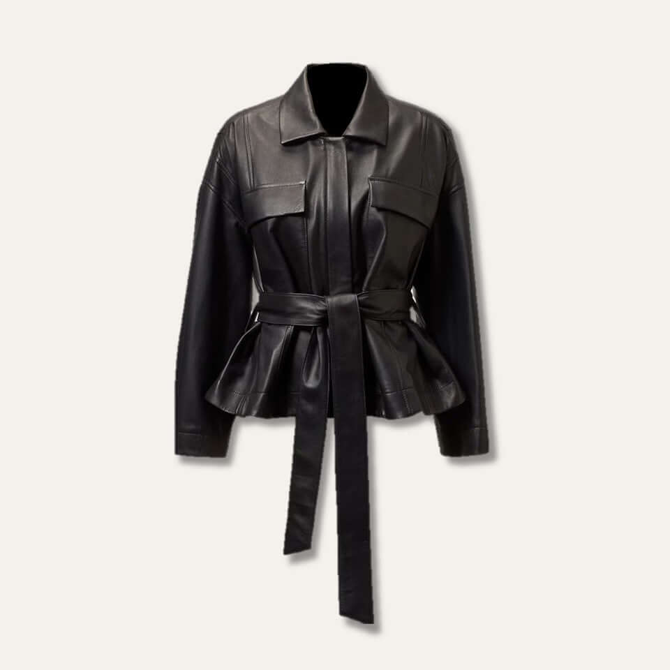 Black Genuine Leather Flare Jacket with Belt for Women - Ninetino