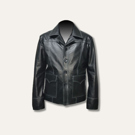 Black Genuine Leather Coat - Ninetino