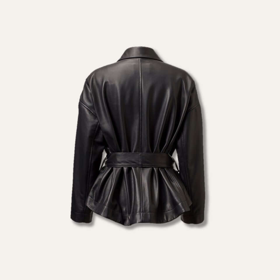 Black Genuine Leather Flare Jacket with Belt for Women - Ninetino