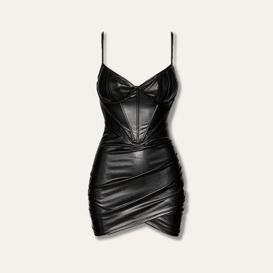 Black lambskin leather sleeveless corset mini dress  